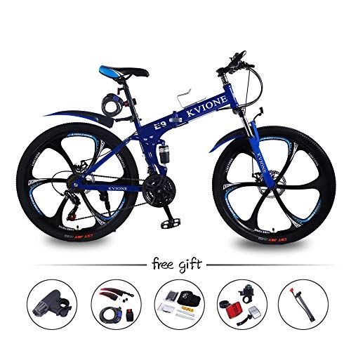 Bicicletas de montaña : KVIONE E9 Bicicleta Hombre 26 Pulgadas Bicicleta De Montaña 21 Velocidades Bicicleta Plegable Cuadro De Alto Carbono Bicicleta Mujer con Freno De Disco Bicicleta Doble Suspension (Azul)
