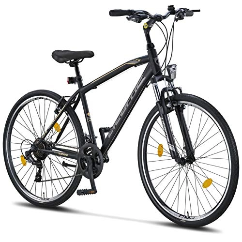 Bicicletas de montaña : Licorne Bike Bicicleta de Trekking prémium de 28 Pulgadas, para niños, niñas, Mujeres y Hombres, Cambio de 21 velocidades, Bicicleta para Hombre, Bicicleta de niño, Life M-V, Color Negro y Gris