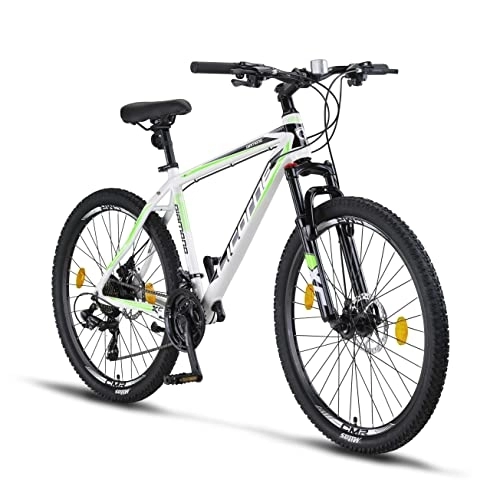 Bicicletas de montaña : Licorne Bike Diamond Premium - Bicicleta de montaña de aluminio para niños, niñas, hombres y mujeres, cambio de 21 velocidades, freno de disco para hombre, horquilla delantera ajustable (26, blanco)