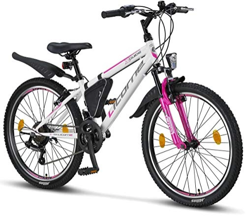 Bicicletas de montaña : Licorne Bike Guide Bicicleta de montaña de 24 Pulgadas, Cambio de 21 velocidades, suspensión de Horquilla, Bicicleta Infantil, para Hombre y Mujer, Bolsa para Cuadro, Blanco / Rosa