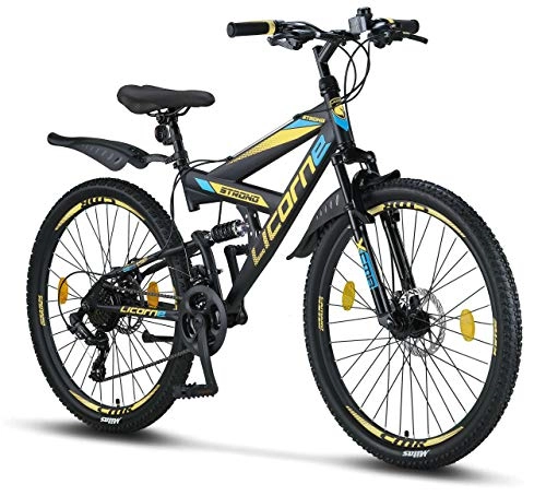 Bicicletas de montaña : Licorne Bike Strong D - Bicicleta de montaña de 26 pulgadas Fully, freno de disco delantero y trasero, cambio de 21 marchas, suspensión completa, para jóvenes y hombres