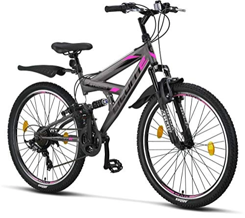 Bicicletas de montaña : Licorne Strong Bike - Bicicleta de montaña prémium de 26 Pulgadas, para niños, niñas, Mujeres y Hombres, Cambio de 21 velocidades, suspensión Completa, Gris Antracita / Rosa, 66, 04 cm