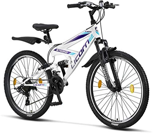 Bicicletas de montaña : Licorne Strong Bike - Bicicleta de montaña prémium de 26 pulgadas, para niños, niñas, mujeres y hombres, cambio Shimano de 21 velocidades, suspensión completa, blanco / morado, 66, 04 cm