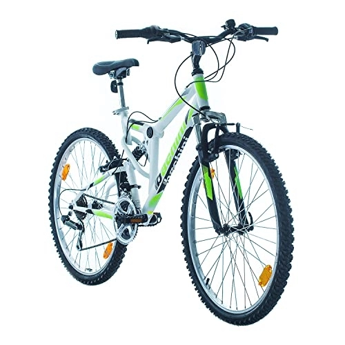 Bicicletas de montaña : Multibrand Probike Extreme - Bicicleta de montaña de 26 pulgadas con suspensión completa, Shimano de 18 velocidades, para hombre y mujer, a partir de 155 – 180 cm (blanco mate verde)