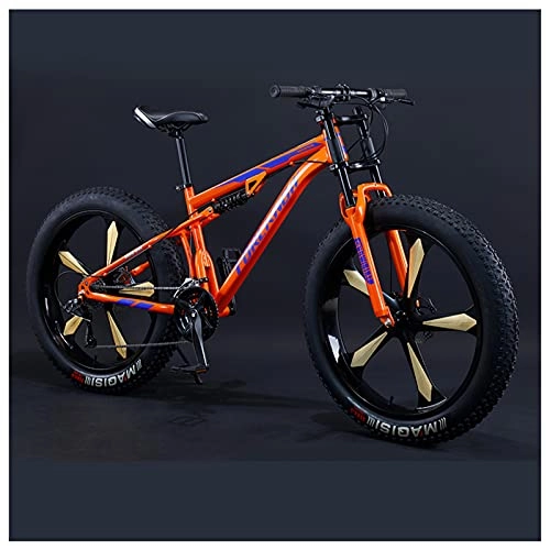 Bicicletas de montaña : NENGGE 26 Pulgadas Bicicleta Montaña para Adulto Hombre Mujer, Profesional Freno Disco Bicicleta BTT con Doble Suspensión, Marco Acero de Alto Carbono MTB, 7 Speed, Orange 5 Spoke