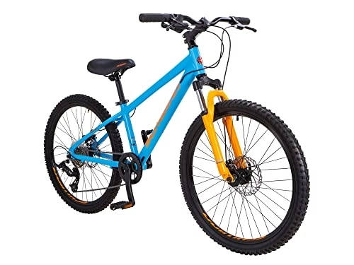 Bicicletas de montaña : Schwinn Fleet - Bicicleta de montaña para niños, neumáticos de 24 pulgadas, marco en aleación ligera de 30 cm, suspensión frontal, 9 velocidades, frenos de disco, naranja / azul