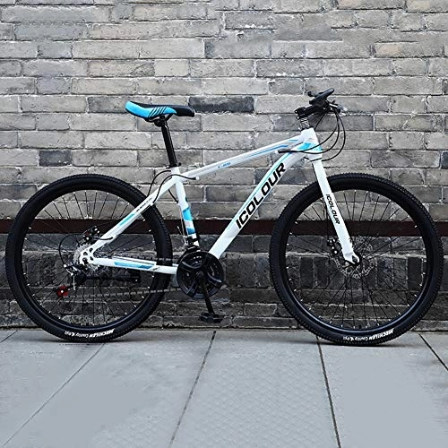 Bicicletas de montaña : TOPYL Hombres's Bicicleta De Montaña, Alto-Acero Al Carbono Rígida Bicicleta De Suspensión, Bicicleta De Suspensión con Ajustable Espuma De Memoria Asiento Blanco Y Azul 26", 21-Velocidad
