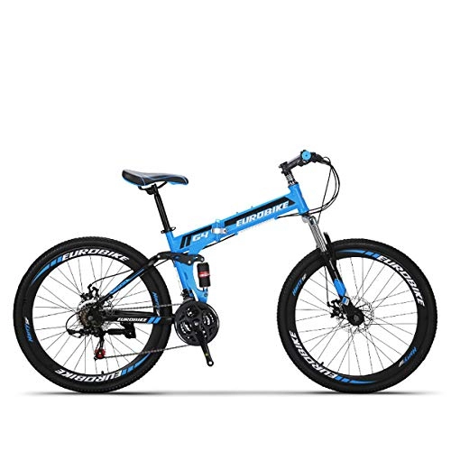 Bicicletas de montaña : W&TT 26 Pulgadas Plegable Bicicleta de montaña 21 / 27 velocidades Frenos de Disco Doble Amortiguador de la Bicicleta de Alto Carbono Suave Cola Adultos Bicicleta, Blue, 21speed