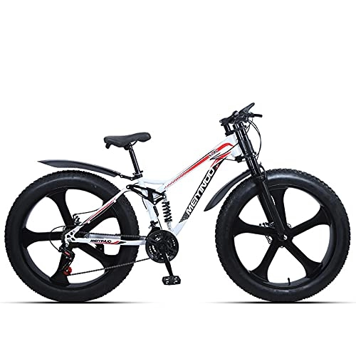 Bicicletas de montaña : WLWLEO Bicicleta de neumático Gordo de 26 Pulgadas Bicicleta de montaña con suspensión Completa Acero Carbono Cola Suave Cuadro Freno de Disco Doble Playa Nieve Todo Terreno Bicicleta, Blanco, 27 Speed