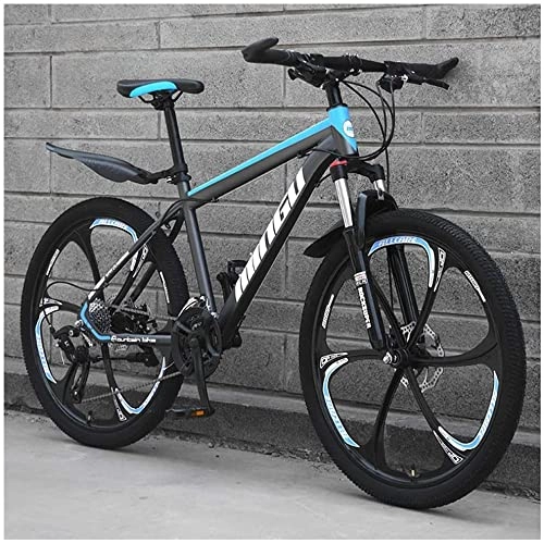 Bicicletas de montaña : XinQing Bicicletas de montaña de 24 Pulgadas, Bicicleta de Acero al Carbono para Hombres y Mujeres, 30 velocidades con Freno de Disco Doble, Negro Azul 6 radios