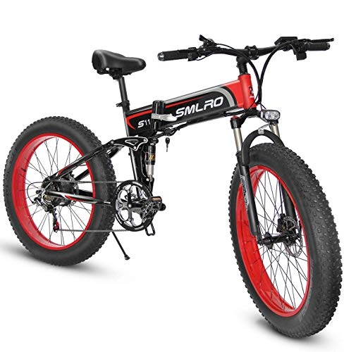 Bicicletas eléctrica : 1000W Bicicleta eléctrica para Hombre Mountain Mountain Ebike 21 Velocidades 26 Pulgadas Fat Tire Road Bicycle Beach / Snow Bike con Freno de Disco hidráulico y Horquilla (Rojo)