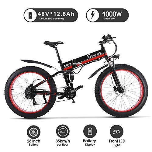 Bicicletas eléctrica : 1000W ebike Fat Tire Bicicleta elctrica Bicicleta de montaña Plegable 26 'Suspensin Completa 48V12AH 21 velocidades Pedal Assist