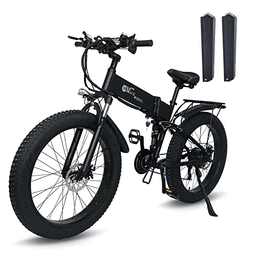 Bicicletas eléctrica : 26'' Bicicleta Electrica Montaña, Bicicleta Eléctrica Plegable 2 * 10.8Ah batería Litio 48V, con Neumático Gordo 26"* 4", Kilometraje de Recarga hasta 120km, E-MTB Full Suspension (Nero)