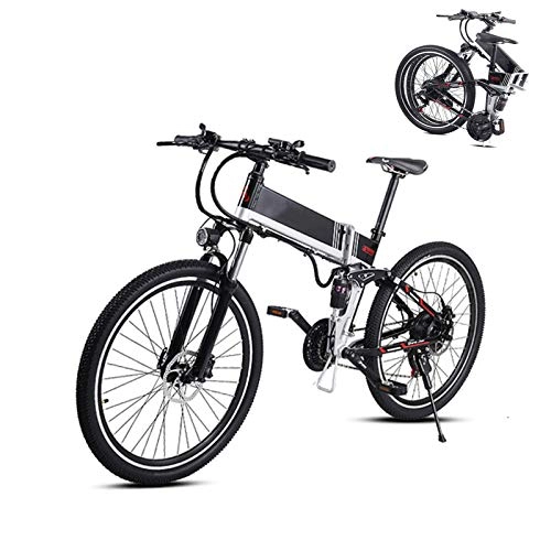 Bicicletas eléctrica : 26 En Bici de montaña plegable eléctrico con 48V 350W batería de litio de aleación de aluminio eléctrico E-bici con Hide batería y delantera y trasera Amortiguadores bicicleta eléctrica, Blanco