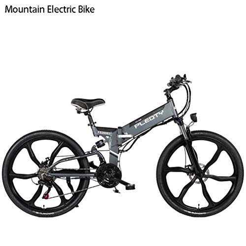 Bicicletas eléctrica : AISHFP Plegable de montaña Adultos Bicicleta elctrica, la batera de Litio de 48V 10AH, 480W 21 velocidades, 26 Pulgadas de aleacin de magnesio Integrado Ruedas, Gris