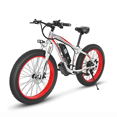 Bicicletas eléctrica : AKEZ 26"* 4" Fat Tire E-Bike Bicicleta eléctrica para Adultos, Fat Tire Electric Mountain Bike 7 velocidades Snow Bike All Terrain con batería de Litio extraíble de 48V 13A / 15A (Blanco Rojo 13A)