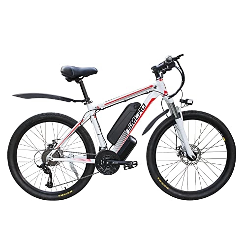 Bicicletas eléctrica : AKEZ Bicicleta de montaña eléctrica de 26 pulgadas, bicicleta eléctrica para hombre y mujer, bicicleta eléctrica con batería extraíble de 48 V / 10 Ah, cambio Shimano de 21 velocidades (blanco y rojo)