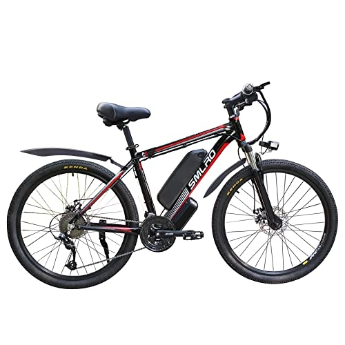 Bicicletas eléctrica : AKEZ Bicicleta eléctrica de 26 pulgadas para adultos, bicicleta de montaña eléctrica híbrida para hombres, bicicleta eléctrica todoterreno, 48 V / 10 Ah 250 W, batería de litio extraíble, negro y rojo