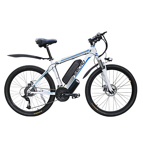 Bicicletas eléctrica : AKEZ Bicicleta eléctrica de montaña, 26 inch bicicleta eléctrica para hombre y mujer, batería extraíble de 48 V / 10 Ah, 250W bicicleta eléctrica con cambio Shimano de 21 velocidades (blanco azul)