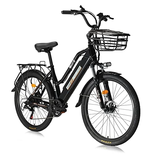 Bicicletas eléctrica : AKEZ Bicicleta eléctrica para Adultos y Mujeres, Bicicleta de montaña eléctrica de 26'' para Mujeres, batería de Iones de Litio extraíble para Hombres con Shimano 7 velocidades (Negro)