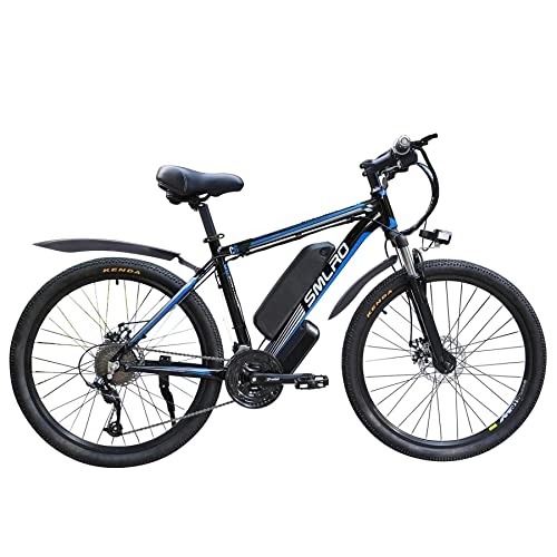 Bicicletas eléctrica : AKEZ Bicicleta eléctrica para hombre de 26 pulgadas, bicicleta eléctrica para mujer, bicicleta eléctrica con batería extraíble de 48 V / 10 Ah, cambio Shimano de 21 velocidades (negro azul) 500