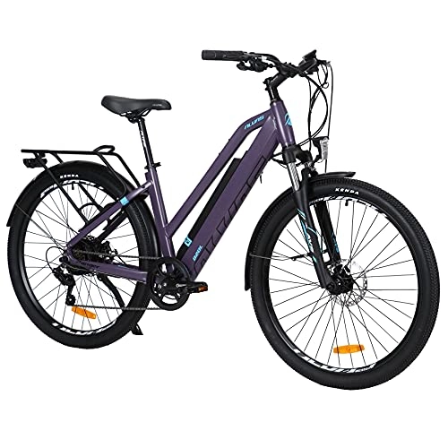 Bicicletas eléctrica : AKEZ Bicicleta eléctrica para mujer de 27, 5 pulgadas, 250 W, 36 V, 12, 5 Ah, batería de litio, bicicleta eléctrica para adultos con motor Bafang y engranajes Shimano de 7 velocidades, color morado