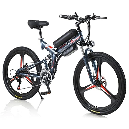 Bicicletas eléctrica : AKEZ Bicicleta eléctrica Plegable de 26 Pulgadas Bicicleta eléctrica Plegable para Hombre Mujer, Bicicleta eléctrica Plegable con batería de 36V y Shimano de 21 velocidades (Gris y Rojo)