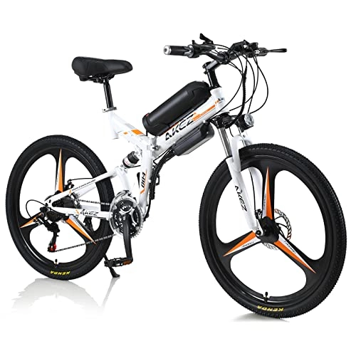Bicicletas eléctrica : AKEZ Bicicleta eléctrica Plegable Hombre Mujer de 26 Pulgadas, Bicicleta eléctrica Plegable montaña Bicicleta eléctrica Plegable con batería de 36V, Shimano de 21 velocidades (Blanco Naranja)