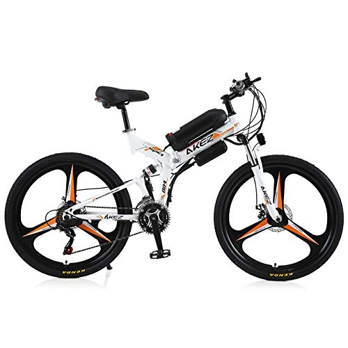 Bicicletas eléctrica : AKEZ Bicicleta eléctrica Plegable para Hombre Mujer de 26 Pulgadas, Bicicleta eléctrica Plegable montaña Bicicleta eléctrica Plegable con batería de 36V, Shimano 21 (Blanco Naranja)
