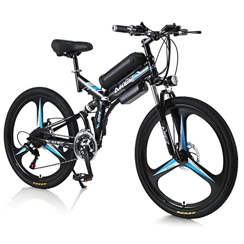 Bicicletas eléctrica : AKEZ Bicicleta eléctrica plegable para hombre y mujer de 26 pulgadas, bicicleta eléctrica plegable montaña, 250W, bicicleta eléctrica plegable con batería de 36V y Shimano 21 velocidades (negro azul)