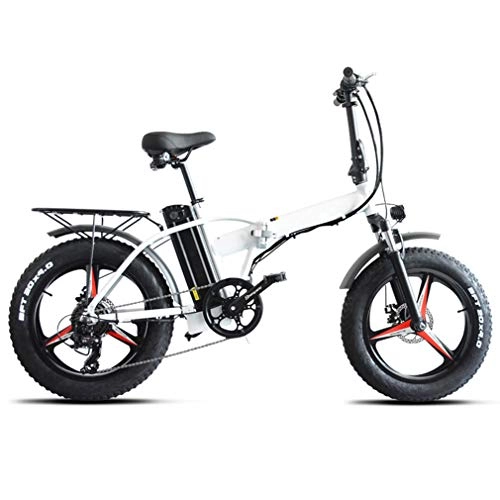 Bicicletas eléctrica : AMGJ Bicicleta Elctrica Plegable, con Ruedas de 20"" Bicicletas 500W Nieve, Batera 48V 15Ah Asiento Ajustable, con Pedales Bicicleta Elctrica Adultos Unisex, Blanco