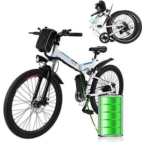 Bicicletas eléctrica : ANCHEER Bicicleta Elctrica de Montaa Bicicleta Elctrica de 26 Pulgadas Plegable con Batera de Litio (36V 250W) 21 Velocidades de Suspensin Completa Premium y Equipo Shimano (Blanco Plegable)