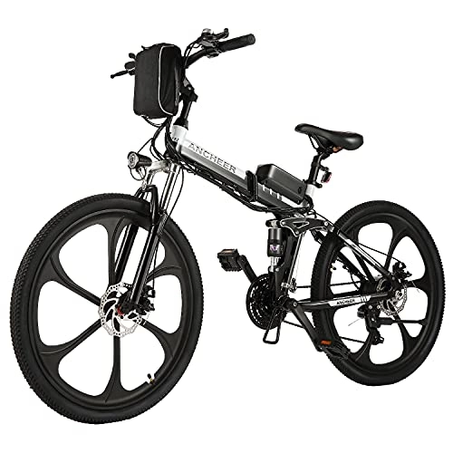 Bicicletas eléctrica : ANCHEER Bicicleta Electrica 36V 8Ah, Bicicleta Eléctrica Plegable de 26 Pulgadas, Motor 250W Batería de Litio Extraíble, Shimano 21 Velocidades (26" Deporte Negro)