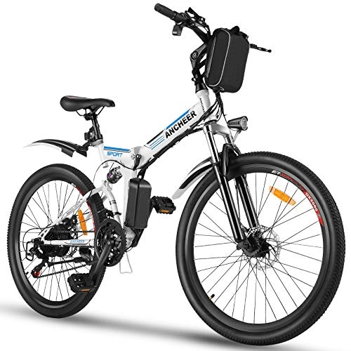 Bicicletas eléctrica : ANCHEER Bicicleta Electrica Plegable, Bicicletas Plegables Adulto 26 Pulgadas, E-Bike de Montaña, Motor de 250 W, Batería de 36V / 8Ah, 21 Engranaje de Velocidad, Frenos de Disco Hidráulico Shimano