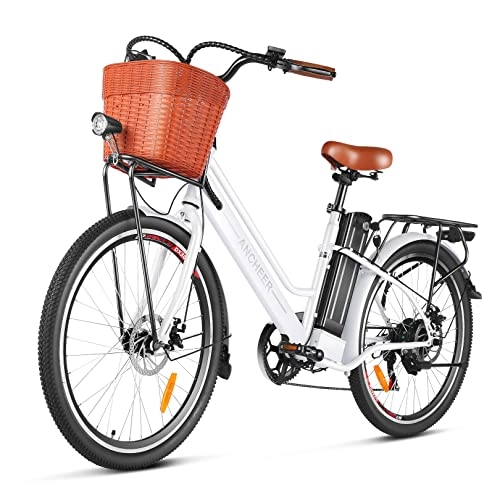 Bicicletas eléctrica : ANCHEER Bicicleta eléctrica 250W Ebike con batería extraíble de 36V / 12.5Ah, Bicicleta eléctrica de conmutación de 26'' Características 7 velocidades 25Km / h, Canasta, Frenos de Disco, Asistencia Pedal