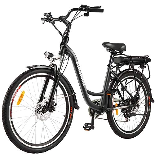 Bicicletas eléctrica : Ancheer Bicicleta Eléctrica 26", Ebike de Ciudad con 12.5Ah Batería Extraíble Frenos de Doble Disco 30 Millas de Alcance (Negro)