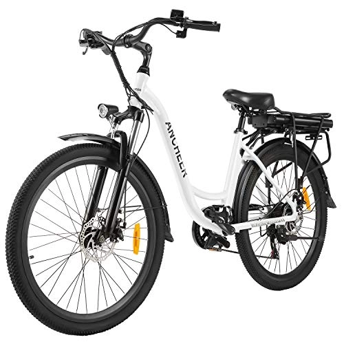 Bicicletas eléctrica : ANCHEER Bicicleta Eléctrica 26", Ebike de Ciudad con 12.5Ah Batería Extraíble Frenos de Doble Disco 35 Millas de Alcance (Blanco)