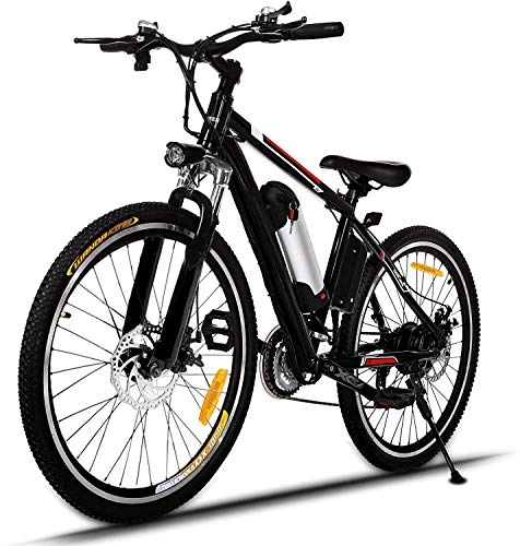 Bicicletas eléctrica : ANCHEER Bicicleta Eléctrica de Montaña, E-Bike 26 Pulgadas, Batería de Litio 250W 36V Desmontable, Sistema de Transmisión de 21 Velocidades, con Linterna (Negro)