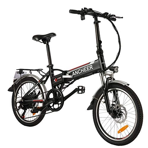 Bicicletas eléctrica : ANCHEER Bicicleta eléctrica Pedelec de 20 pulgadas con batería de litio (36 V 8 Ah) y motor de 250 W y palanca de cambios Shimano de 7 velocidades (20 plegable), color negro
