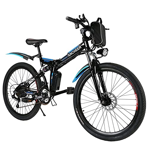 Bicicletas eléctrica : ANCHEER Bicicleta Eléctrica Plegable, 20" / 26" Bicicleta Eléctrica con Batería de Litio 36V 8Ah Extraíble, Suspensión Completa y 7 / 21 Velocidades