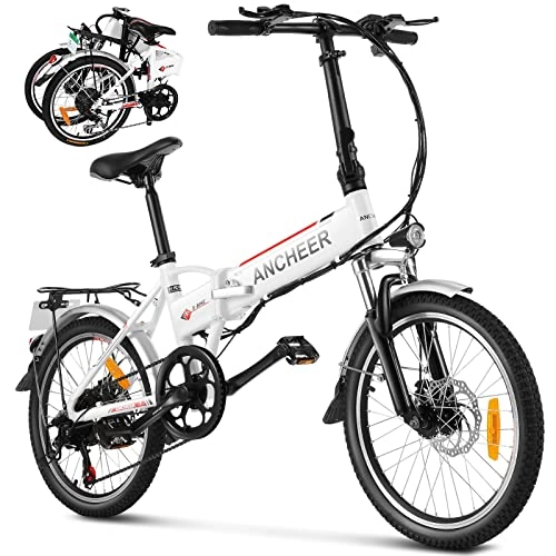 Bicicletas eléctrica : ANCHEER Bicicleta eléctrica Plegable, Bicicleta eléctrica de 20", con Batería de Litio de 36V 8Ah extraíble y 7Velocidades (AE4 Blanco)