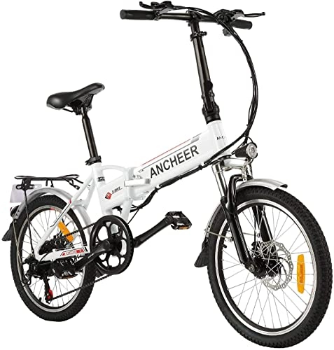 Bicicletas eléctrica : ANCHEER Bicicleta Eléctrica Plegable, Bicicleta Eléctrica de 20 Pulgadas, con Batería de Litio de 36V 8Ah Extraíble y Cambio 7 Velocidades (AE4 Blanco)