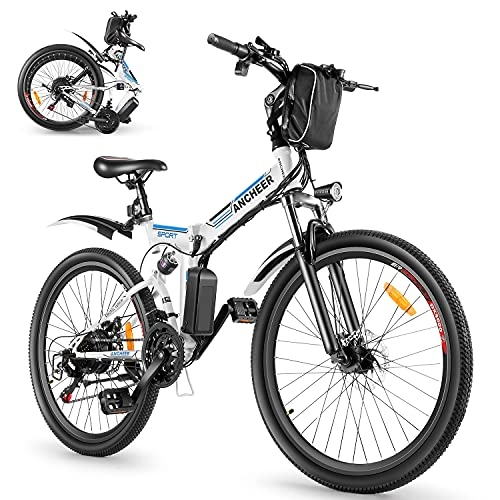 Bicicletas eléctrica : ANCHEER Bicicleta eléctrica plegable de 26 pulgadas, con batería extraíble de 36 V y 8 Ah, con suspensión completa, 3 modos y profesionales de 21 velocidades