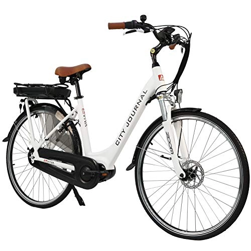 Bicicletas eléctrica : AsVIVA Bicicleta eléctrica para mujer holandesa de 28 pulgadas, inicio profundo (batería de 13 Ah), cambio Shimano de 7 velocidades, motor central, frenos de disco, color blanco