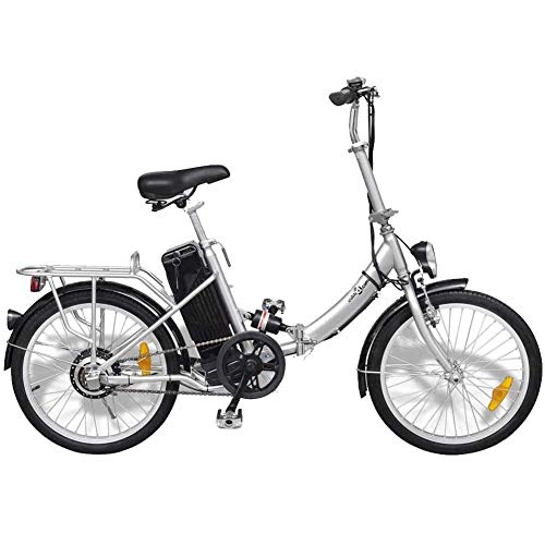Bicicletas eléctrica : Ausla - Bicicleta eléctrica plegable de 20 pulgadas, 250 W, bicicleta eléctrica plegable, batería de iones de litio de aleación de aluminio, velocidad máx. 25 km / h, color plateado