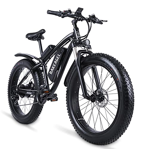 Bicicletas eléctrica : BAKEAGEL Bicicleta Eléctrica de Montaña de 26X4 Pulgadas, Neumático Grueso, con Motor Sin Escobillas de Alta Velocidad, con Batería de Iones de Litio Extraíble de 48V y 17Ah y Soporte Trasero