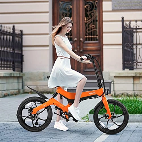 Bicicletas eléctrica : BESPORTBLE Bicicleta Eléctrica de Aleación de Magnesio Apariencia 250W Peddec Plegable 3 Modos de Freno Trasero Delantero Híbrido Al Aire Libre Pas City Bicicleta (Naranja) Yn- Eb201