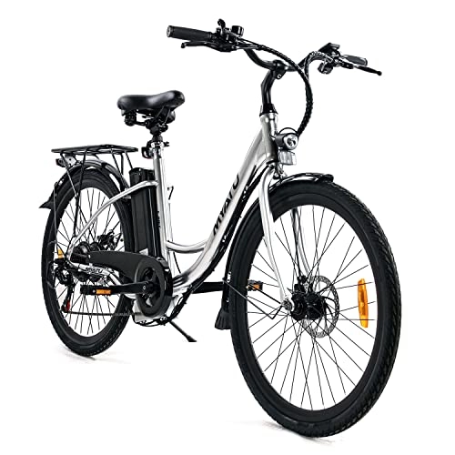 Bicicletas eléctrica : Bicicleta de ciudad para mujer de 26 pulgadas, Myatu Cityblitz de 10 Ah, 6 velocidades Shimano, color plateado