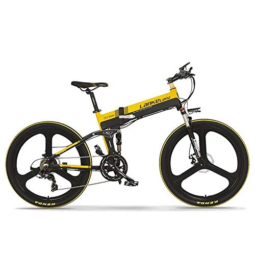 Bicicletas eléctrica : Bicicleta de montaña de 26 Pulgadas y 27 velocidades, batería de Litio de 48V 10AH 400W, Bicicleta de montaña eléctrica Plegable, Arranque Remoto, Resistencia de Aproximadamente 100 km-Amarillo Negro