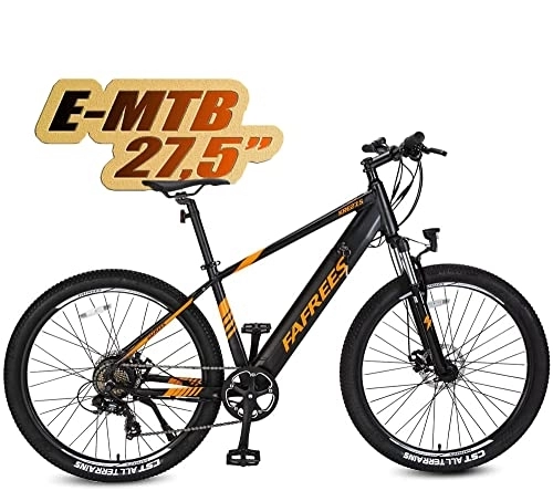 Bicicletas eléctrica : Bicicleta de montaña eléctrica Pedelec MTB de 27, 5 pulgadas, motor trasero Shimano 7S de 250 W, frenos de disco, bicicleta eléctrica con horquilla de suspensión de 80 KM, homologación CE (naranja)